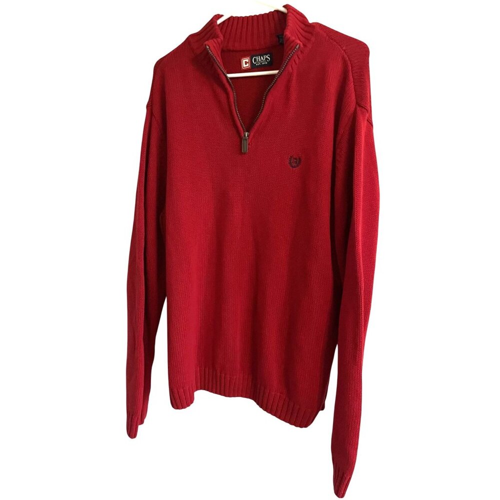 Polo CHAPS Mock Turtle Neck Red Quarter Zip 100% Knit Cotton Sweater Mens Large
